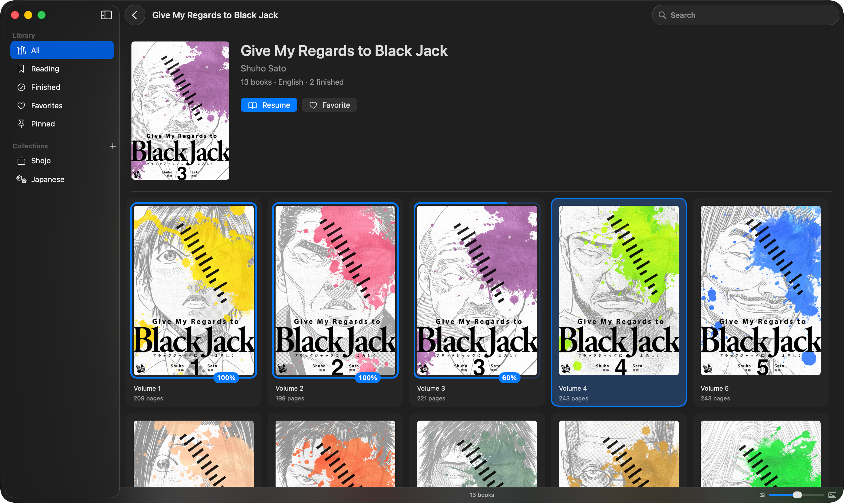 Grimoire showing the thirteen volumes of Give My Regards to Black Jack by Shuho Sato gathered into one series