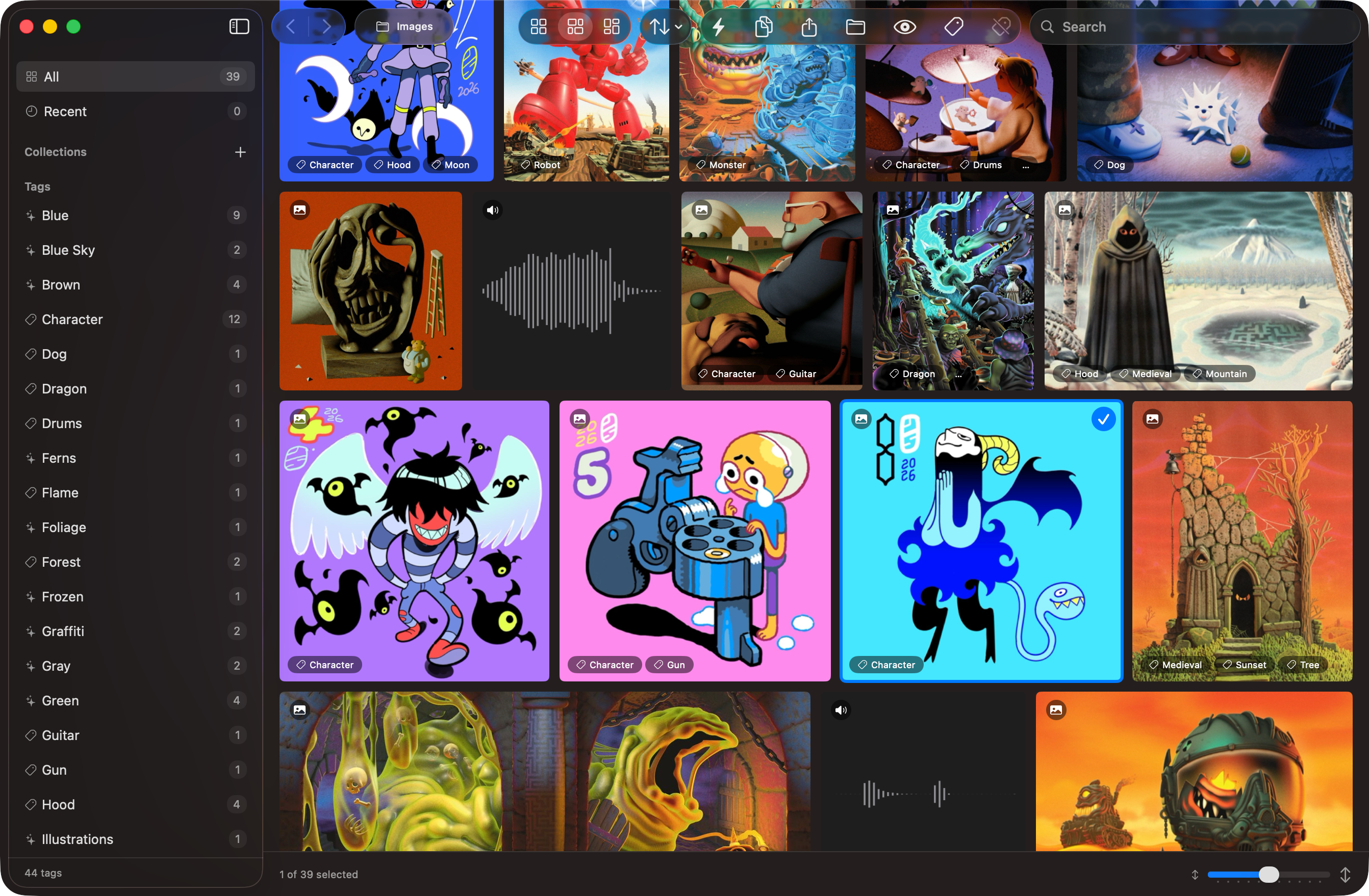 Peel showing a folder of illustrations and audio files as a masonry grid, with its tags listed in the sidebar and on each item