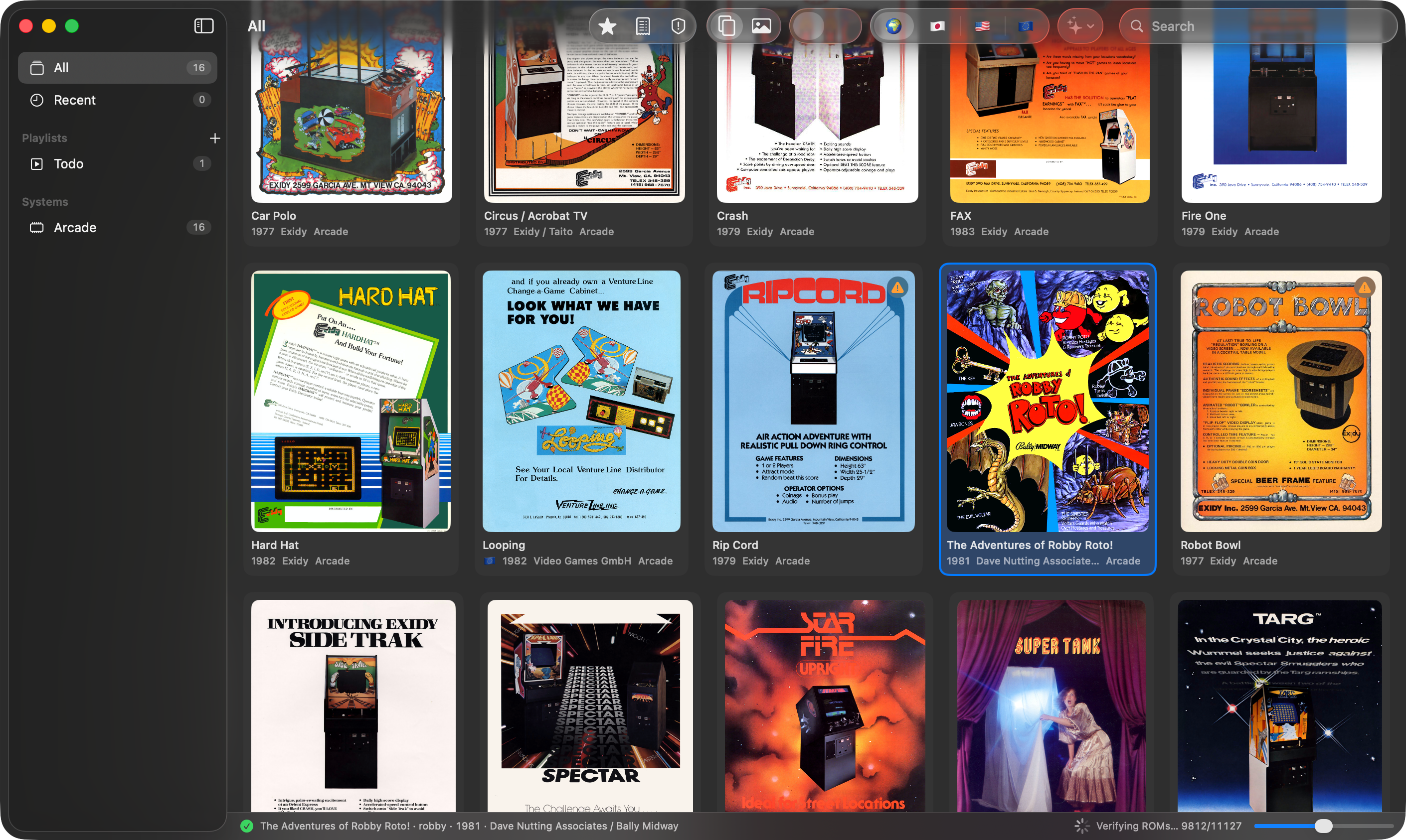 Gamecase showing a grid of classic arcade games by their original flyers, each with its year, maker and system