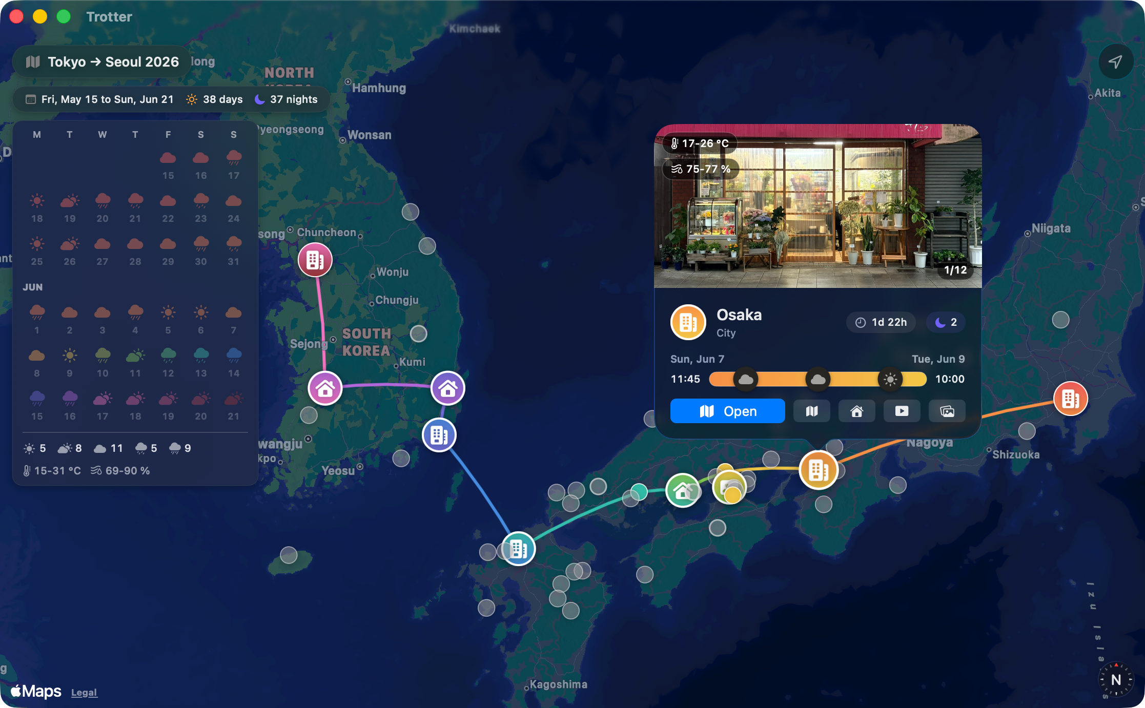 Trotter planning a Tokyo to Seoul trip, with each stop on the map, the weather for every day, and Osaka open with its photos and dates