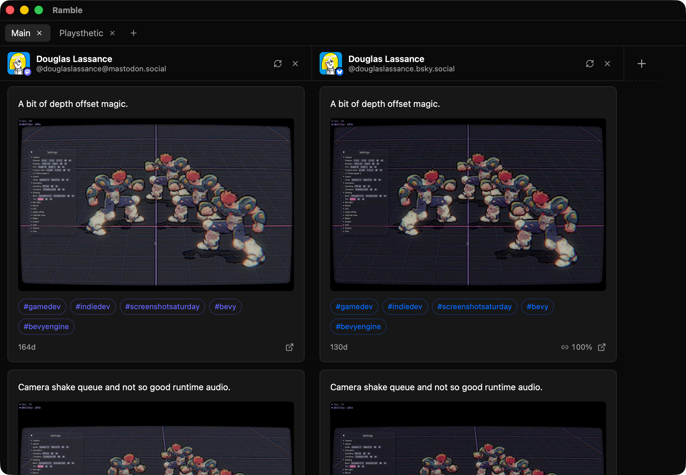Ramble showing the same posts from Mastodon and Bluesky matched side by side in two columns