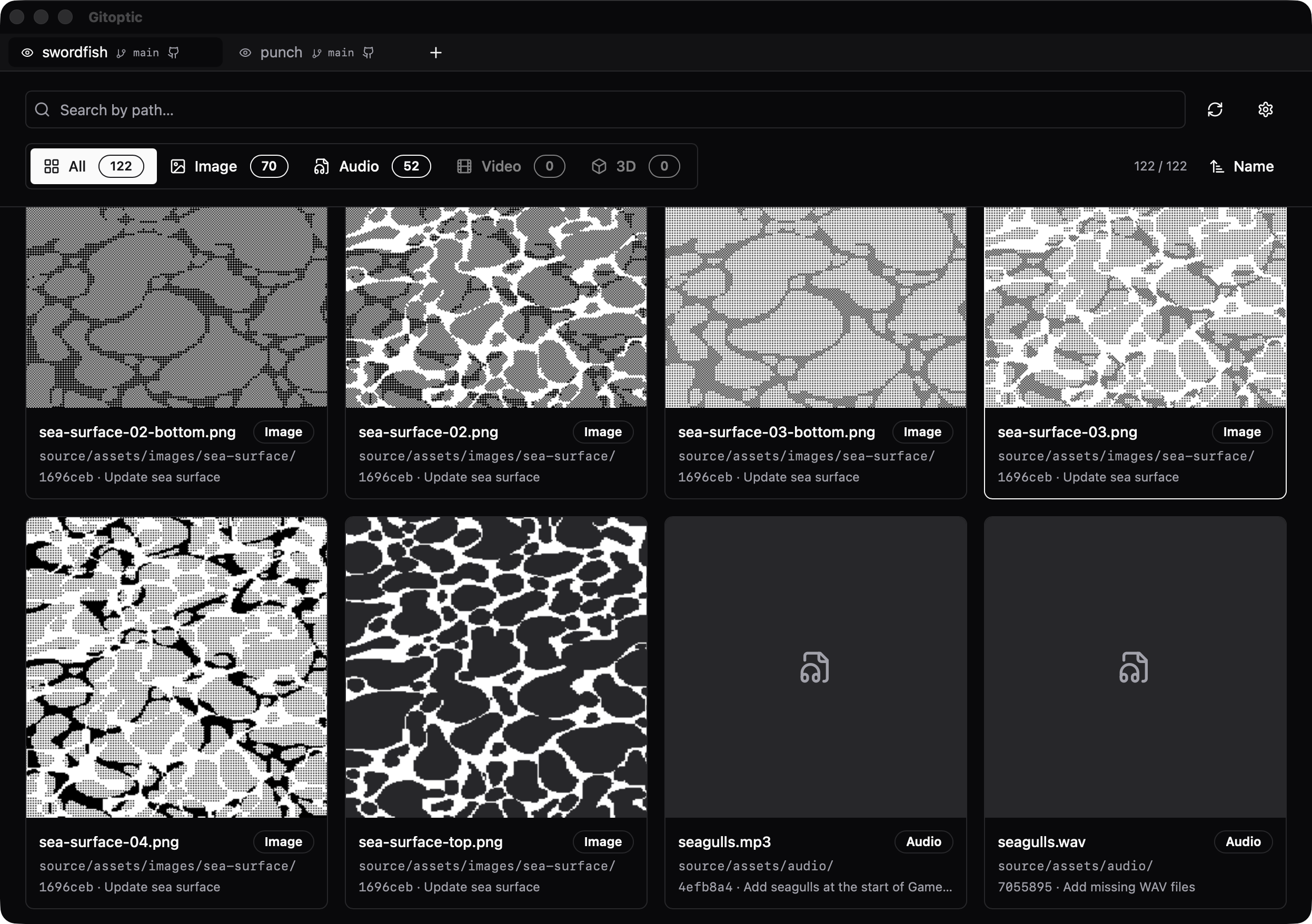 Gitoptic showing the image and audio files of a game repository as a gallery, each card with its path and last commit
