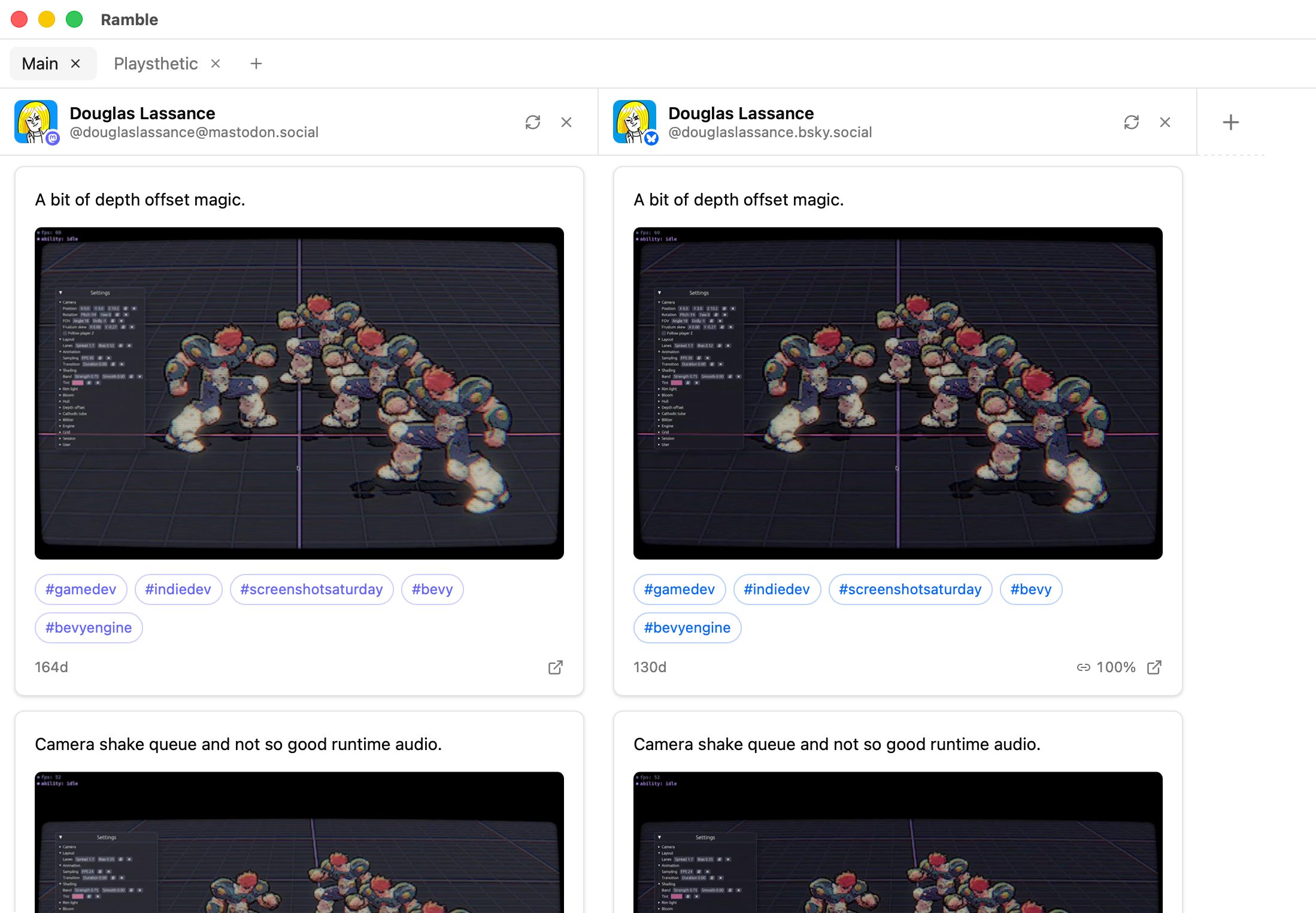Ramble showing the same posts from Mastodon and Bluesky matched side by side in two columns