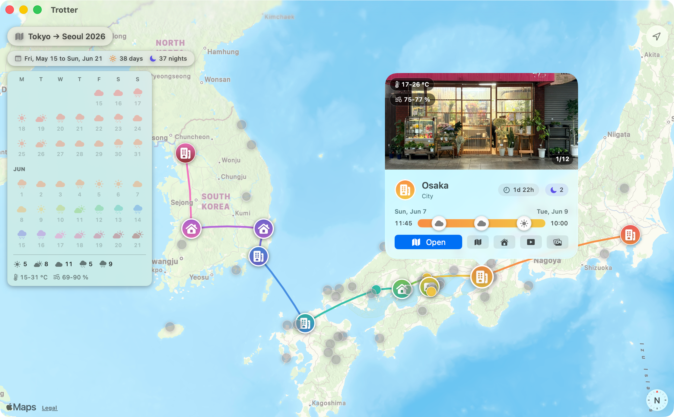Trotter planning a Tokyo to Seoul trip, with each stop on the map, the weather for every day, and Osaka open with its photos and dates