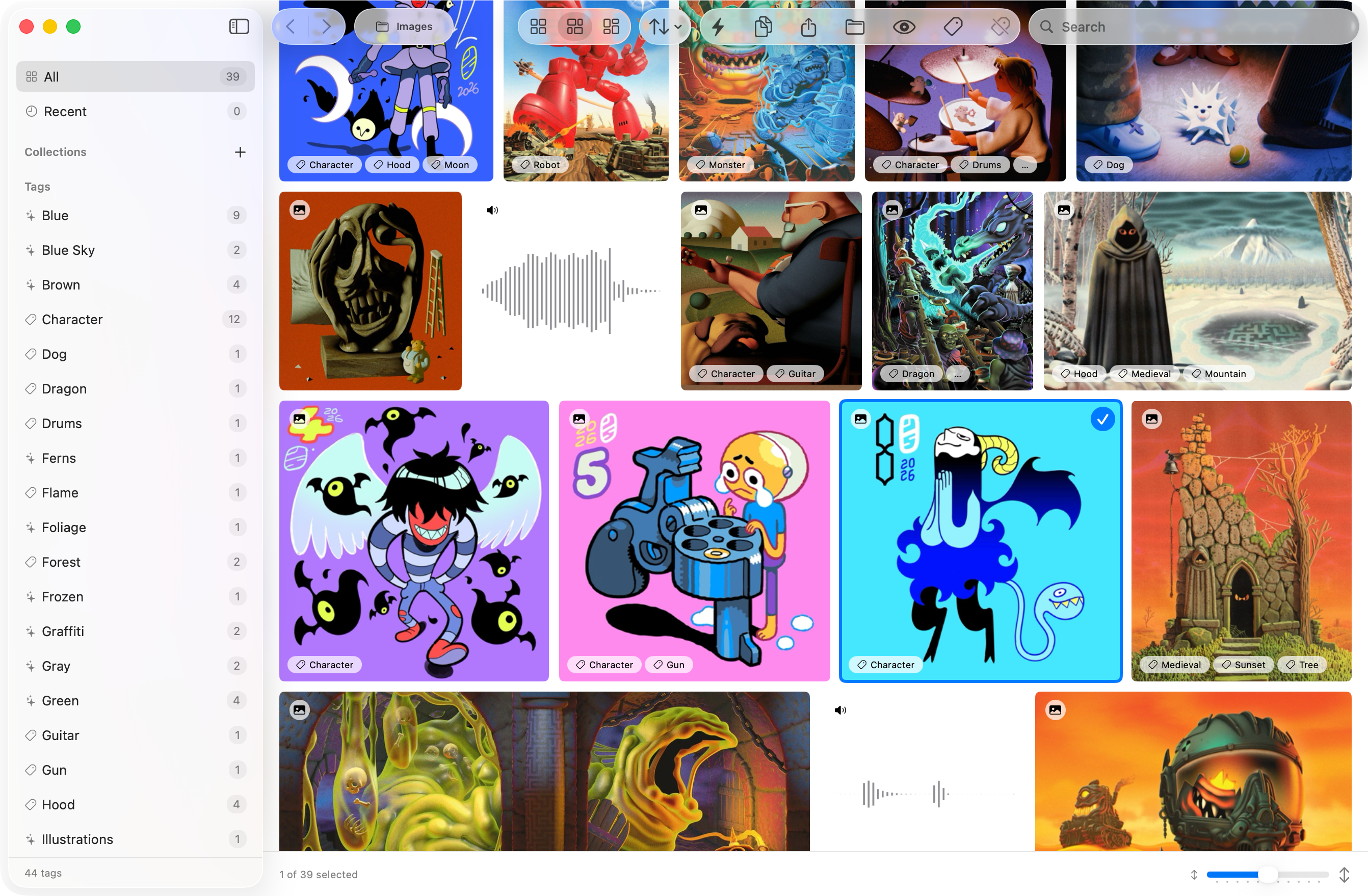 Peel showing a folder of illustrations and audio files as a masonry grid, with its tags listed in the sidebar and on each item