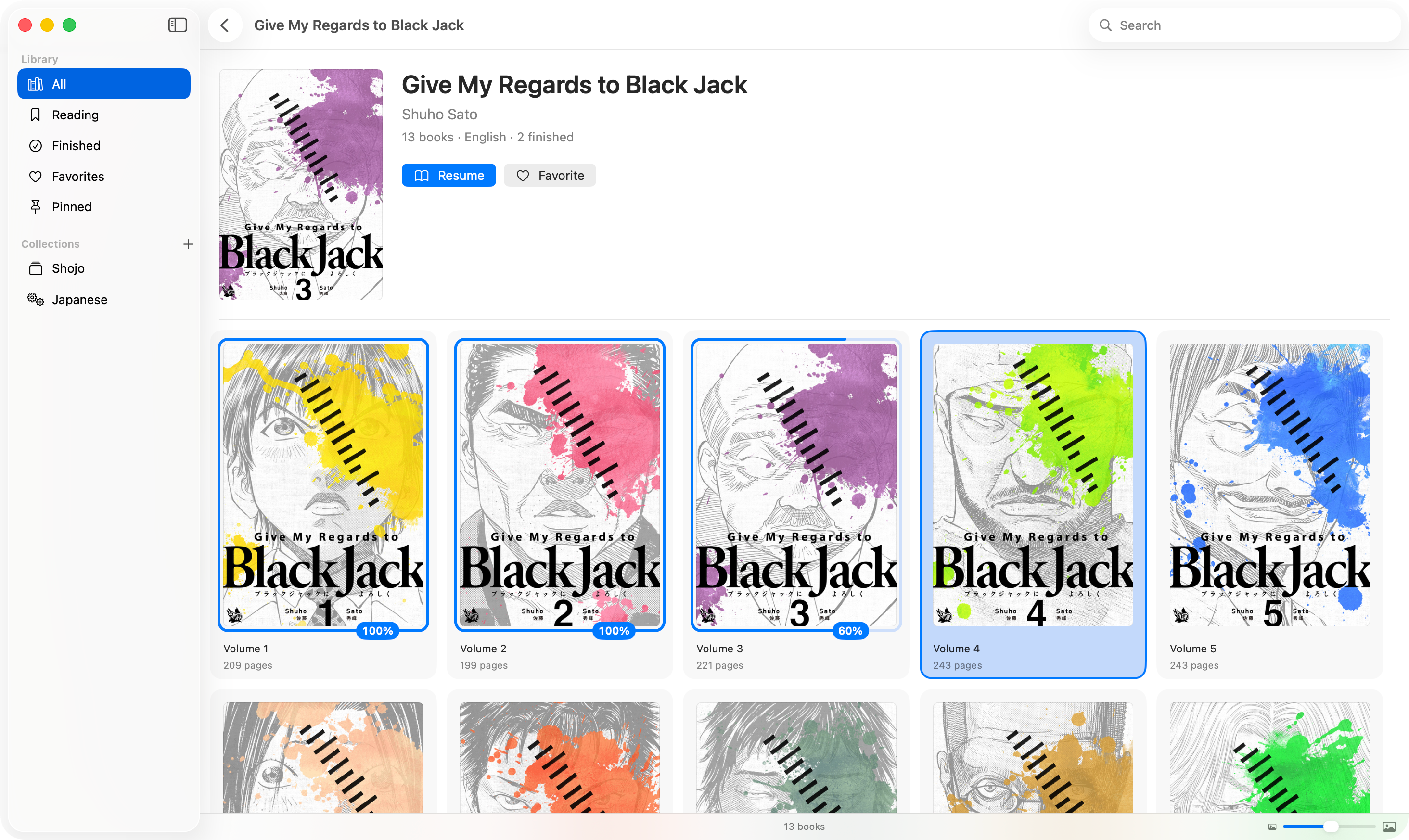 Grimoire showing the thirteen volumes of Give My Regards to Black Jack by Shuho Sato gathered into one series