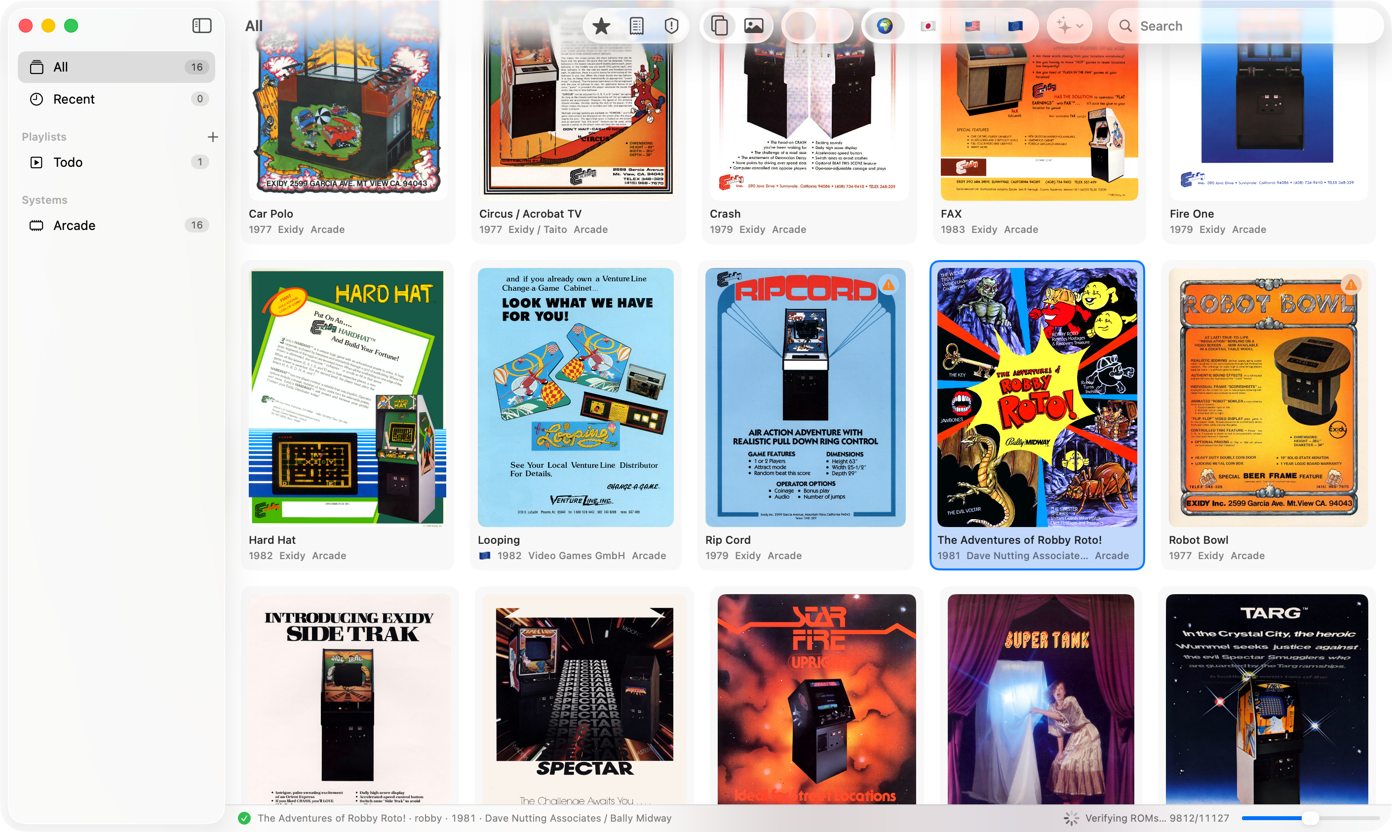 Gamecase showing a grid of classic arcade games by their original flyers, each with its year, maker and system