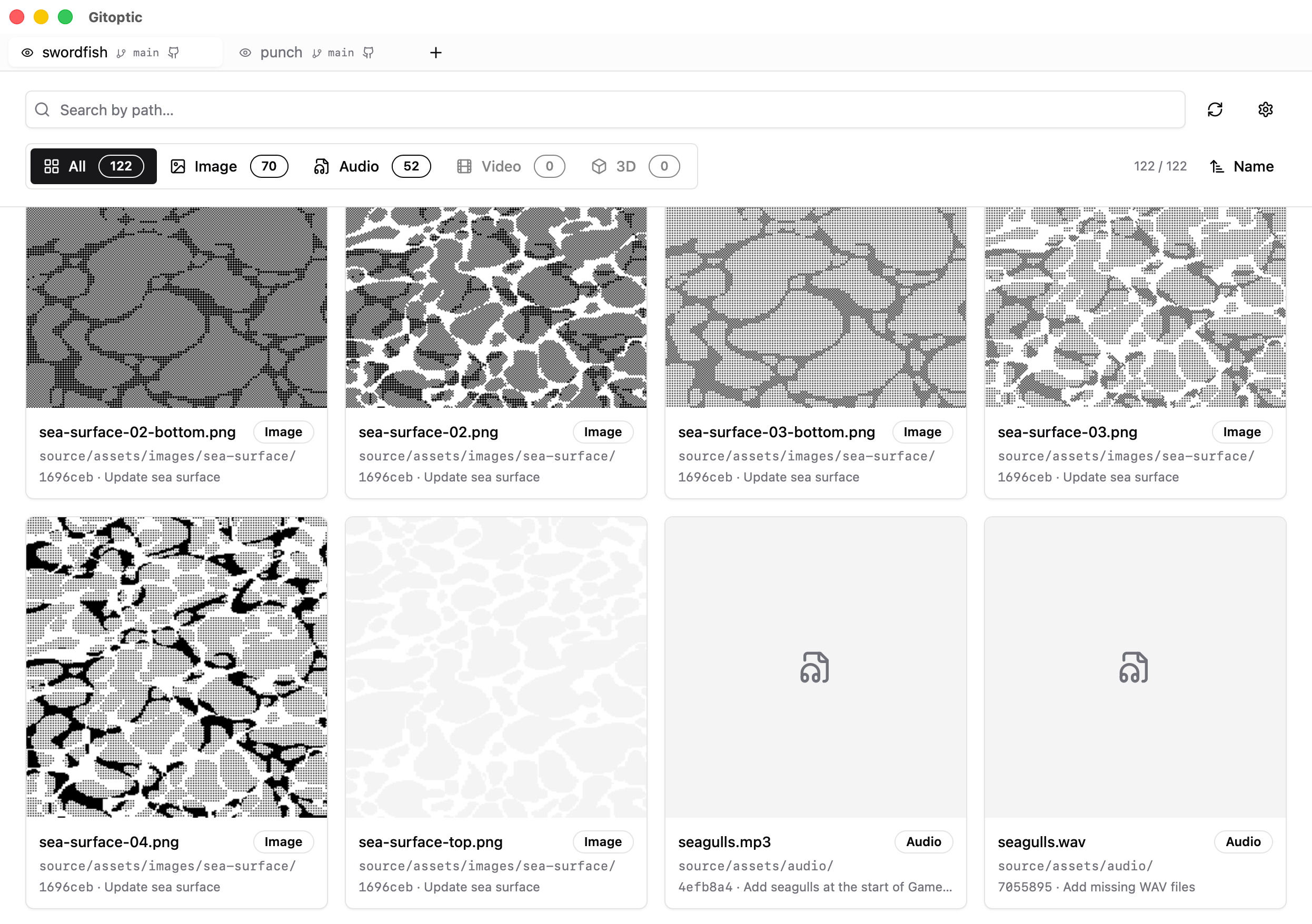 Gitoptic showing the image and audio files of a game repository as a gallery, each card with its path and last commit